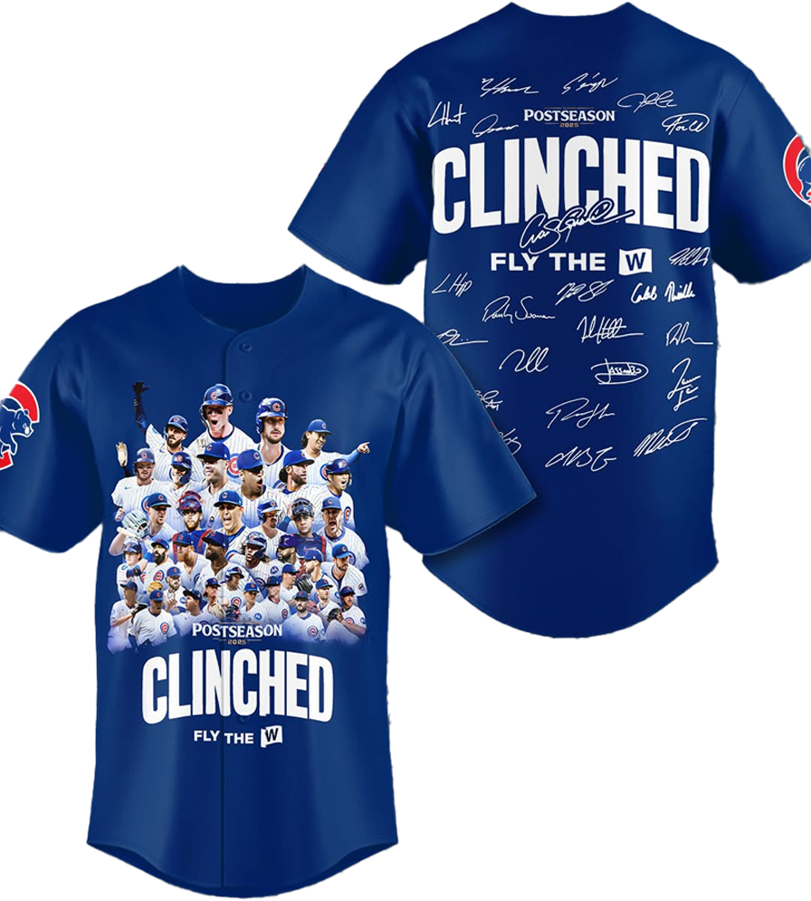 Chicago Cubs Postseason Clinched Fly The W Signatures Of Members Jersey 2025