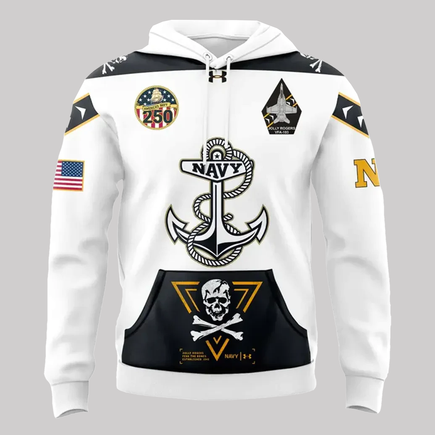Jolly Rogers Navy Football Happy 250th Birthday Hoodie