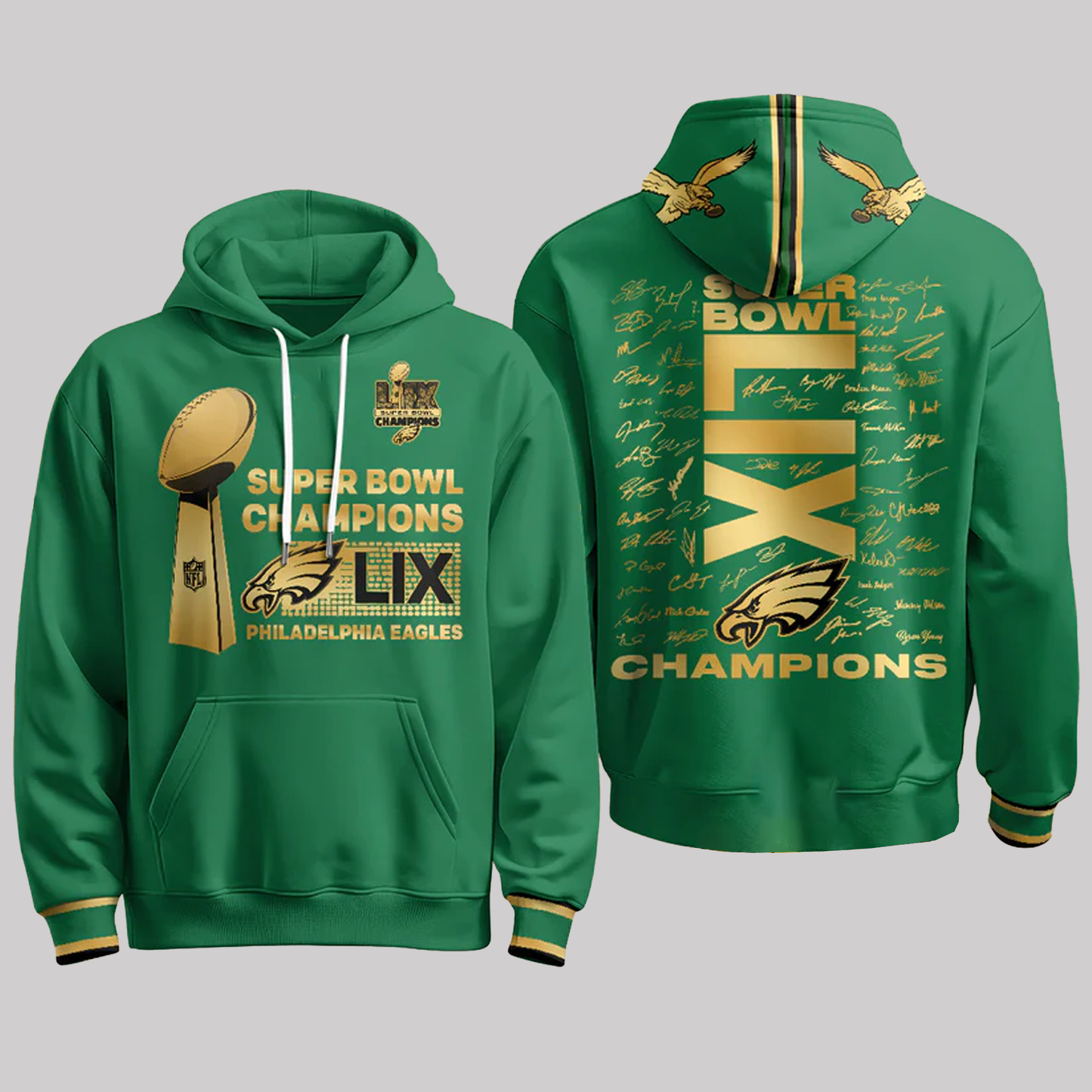 Philadelphia Eagles Super Bowl LIX Champions Roster Signing Gold Hoodie