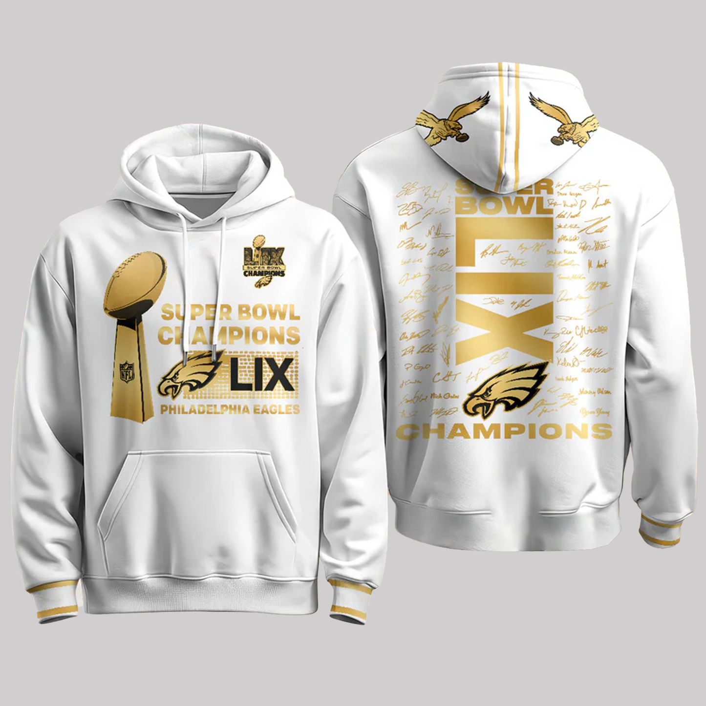 Philadelphia Eagles Super Bowl LIX Champions Roster Signing Gold Hoodie