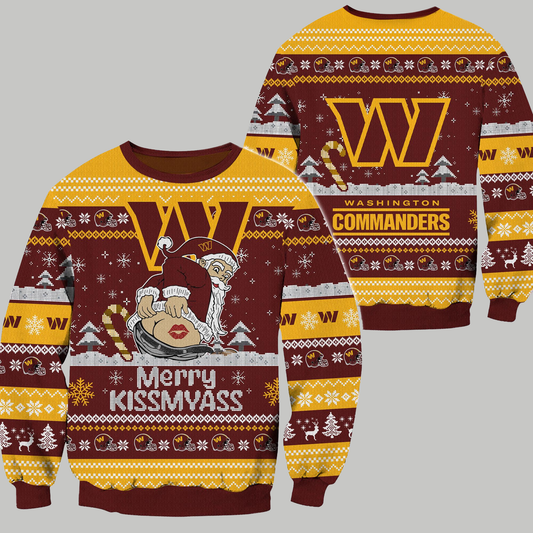 Washington Commanders 2024 Merrykissmyass Funny Santa Claus Christmas Ugly Sweater