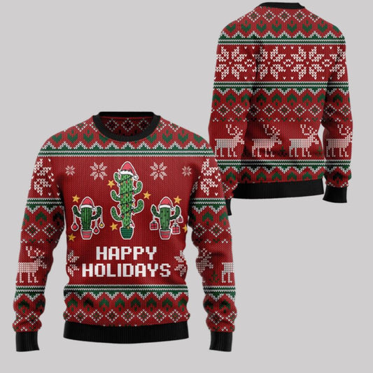 2025 Christmas Cactus Happy Holidays Ugly Christmas Sweater