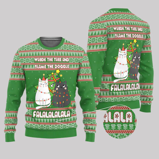 2025 Christmas Cat Wreck The Tree And Blame The Doggle Ugly Christmas Sweater