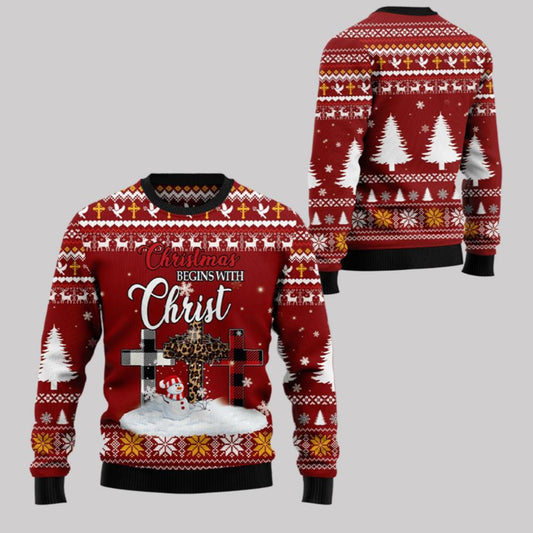 2025 Christmas Christian Begins With Christ Ugly Christmas Sweater