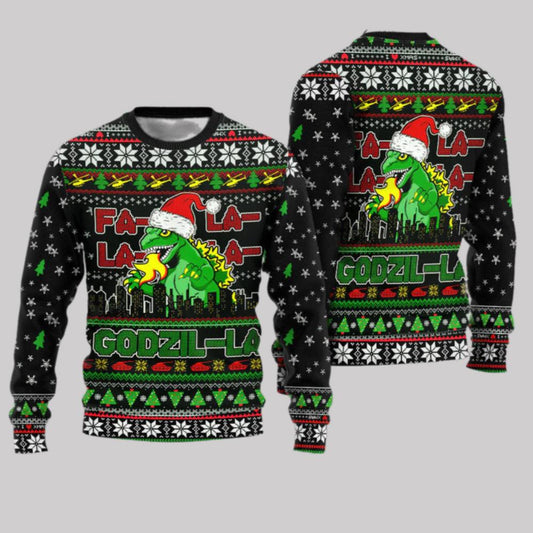 2025 Christmas Godzila Falalalala Ugly Christmas Sweater