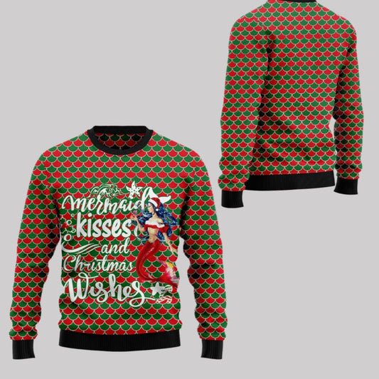 2025 Christmas Mermaid Kisses And Christmas Wishes Ugly Christmas Sweater