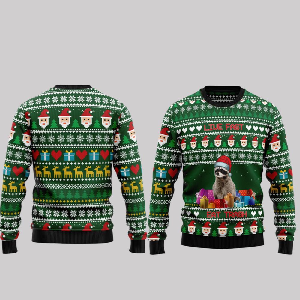 2025 Christmas Raccoon Live Fast Eat Trash Ugly Christmas Sweater