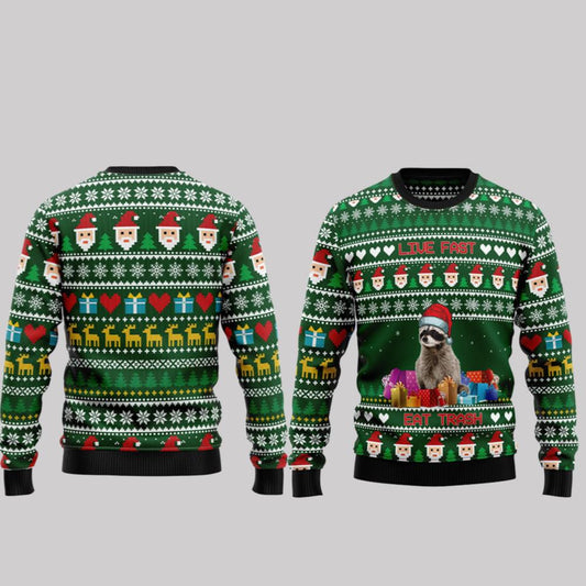 2025 Christmas Raccoon Live Fast Eat Trash Ugly Christmas Sweater