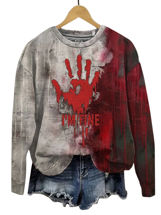 2025 Halloween Horror Bloody I'm Fine Print Casual Sweatshirt