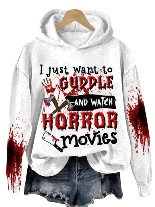 2025 Halloween I Just Want to Hug and Watch Horror Movies Printed Hooded Sweatshirt
