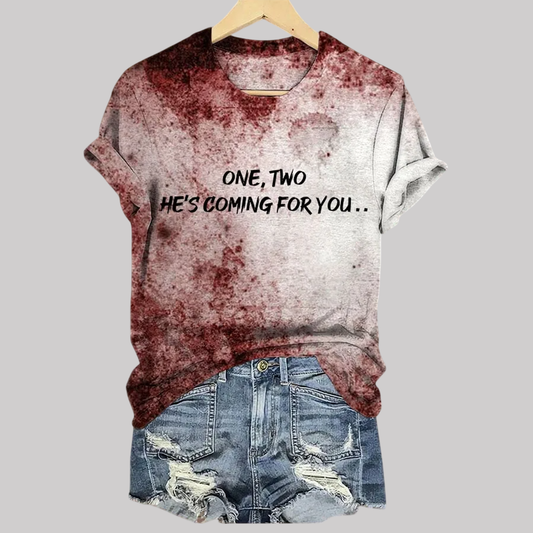 2025 Halloween Women's One Two He's Coming For You Printed T-Shirt