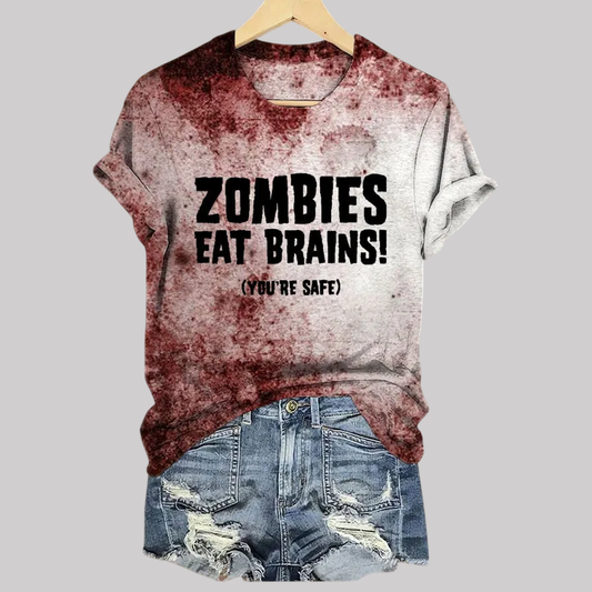 2025 Halloween Women's Zombies Eat Brains You're Safe Print T-Shirt