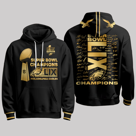 Philadelphia Eagles Super Bowl LIX Champions Roster Signing Gold Hoodie