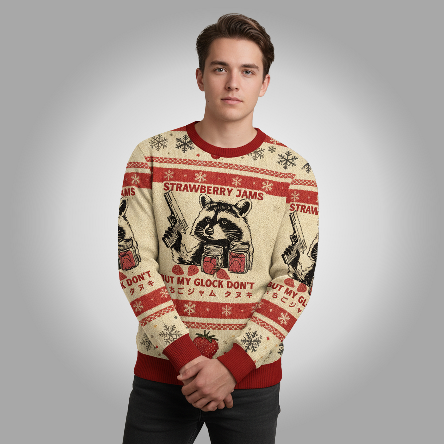 Raccoon Strawberry Jams But My Glock Don't Ugly Sweater - Clothingus Diamond