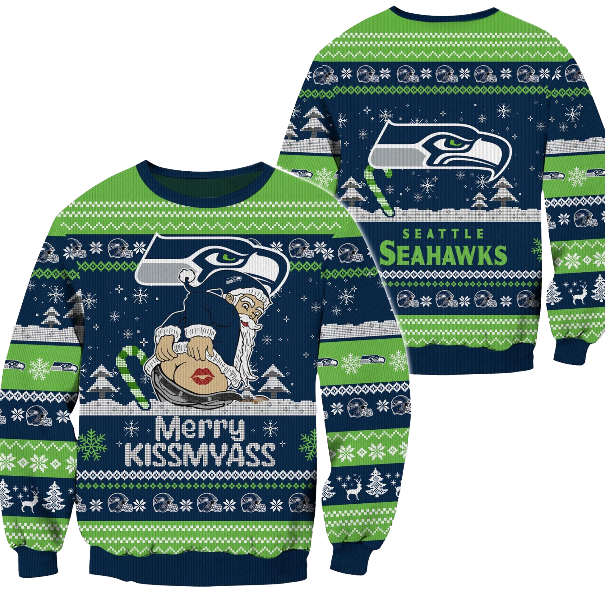 Seattle Seahawks 2024 Merry Kissmyass Funny Santa Claus Christmas Ugly Sweater - Clothingus Diamond